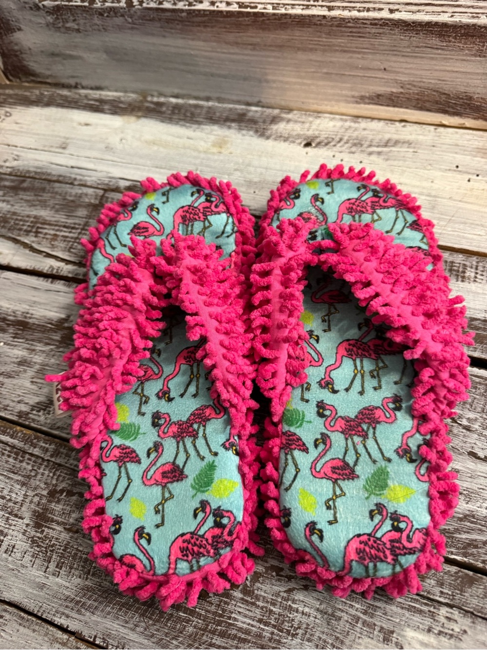 Lazy One Pink Flamingo Mop Slippers on Aqua